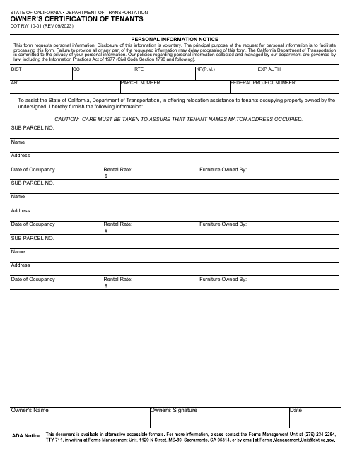 Form RW10-01 Owner's Certification of Tenants - California