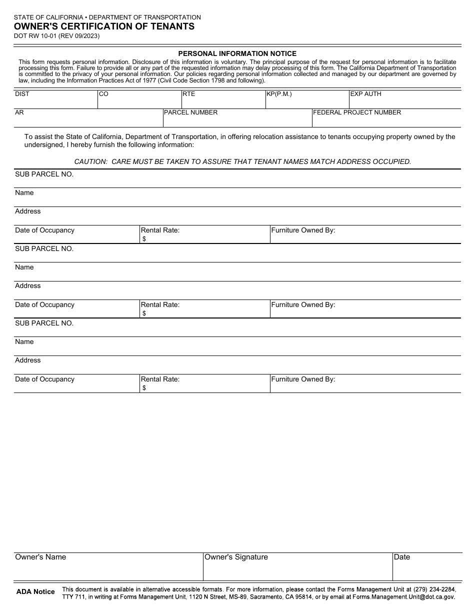 Form RW10-01 Owners Certification of Tenants - California, Page 1