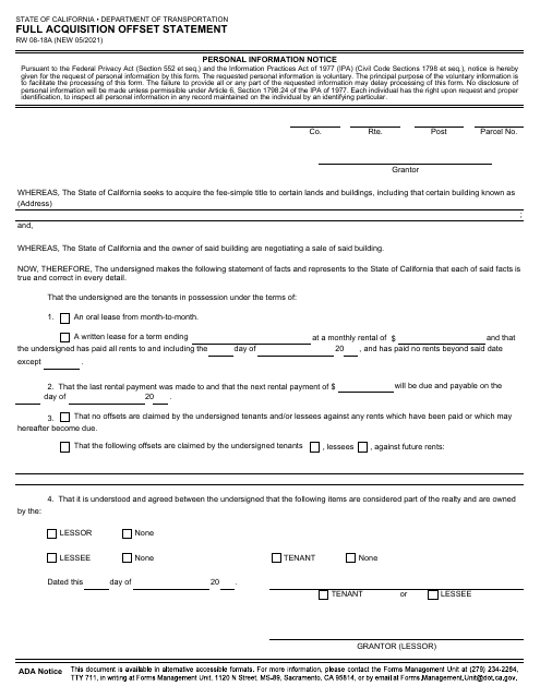 Form RW08-18A  Printable Pdf