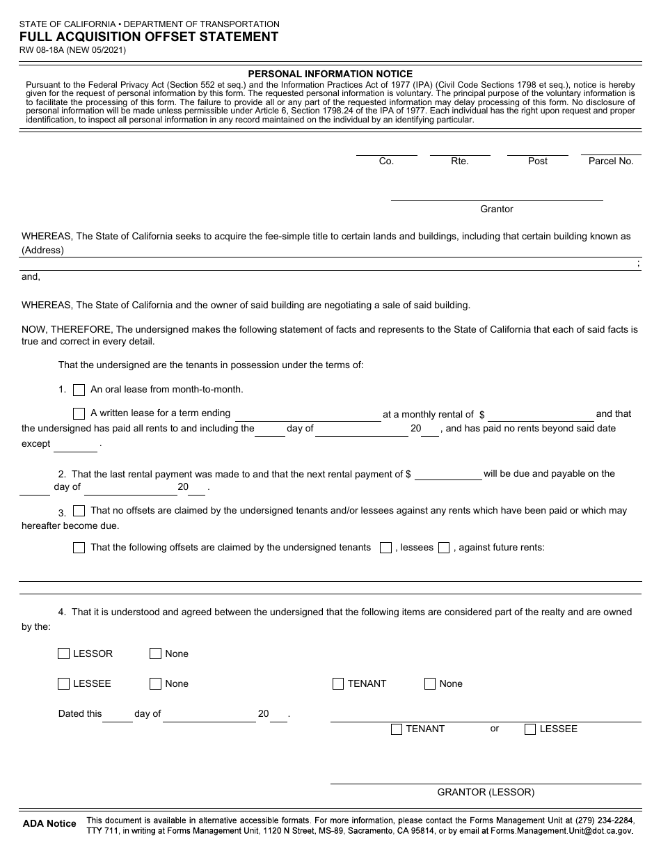 Form RW08-18A Full Acquisition Offset Statement - California, Page 1