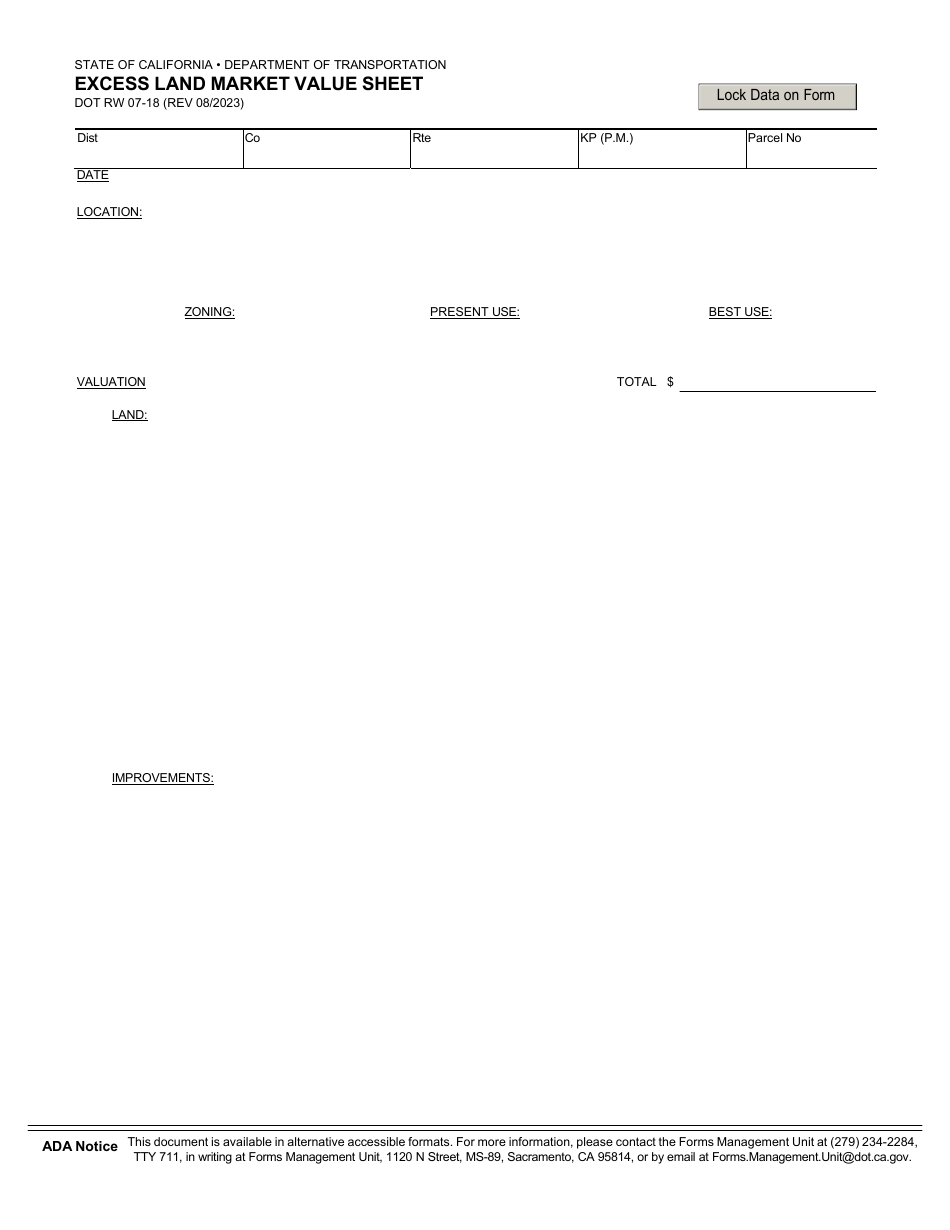 Form RW07-18 Excess Land Market Value Sheet - California, Page 1