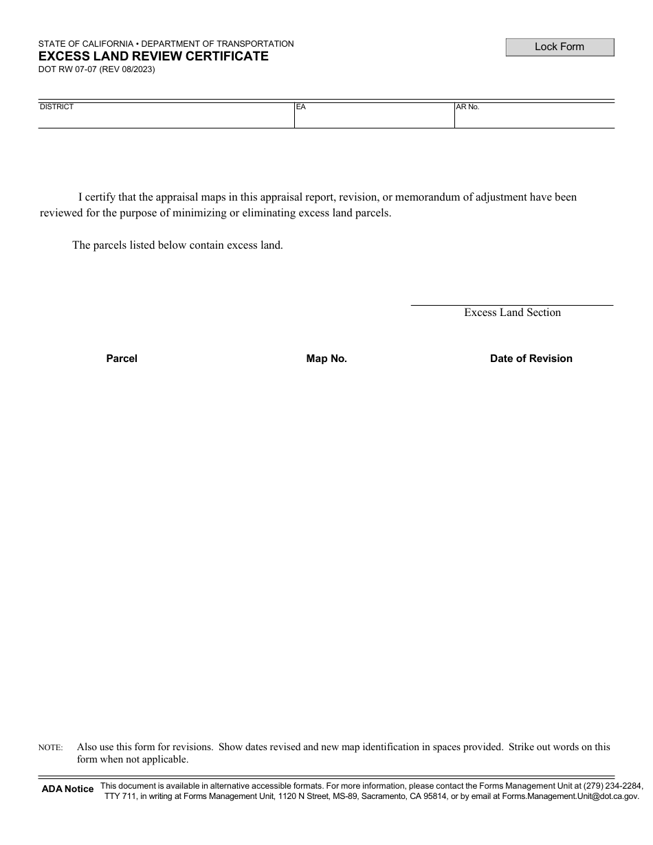 Form RW07-07 Excess Land Review Certificate - California, Page 1