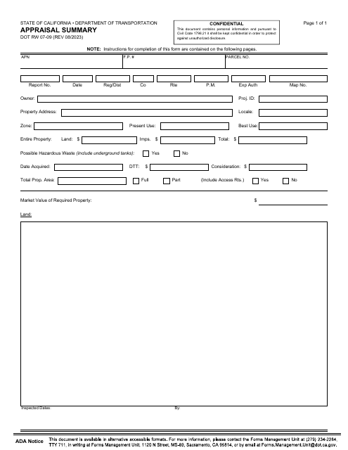 Form RW07-09 Appraisal Summary - California