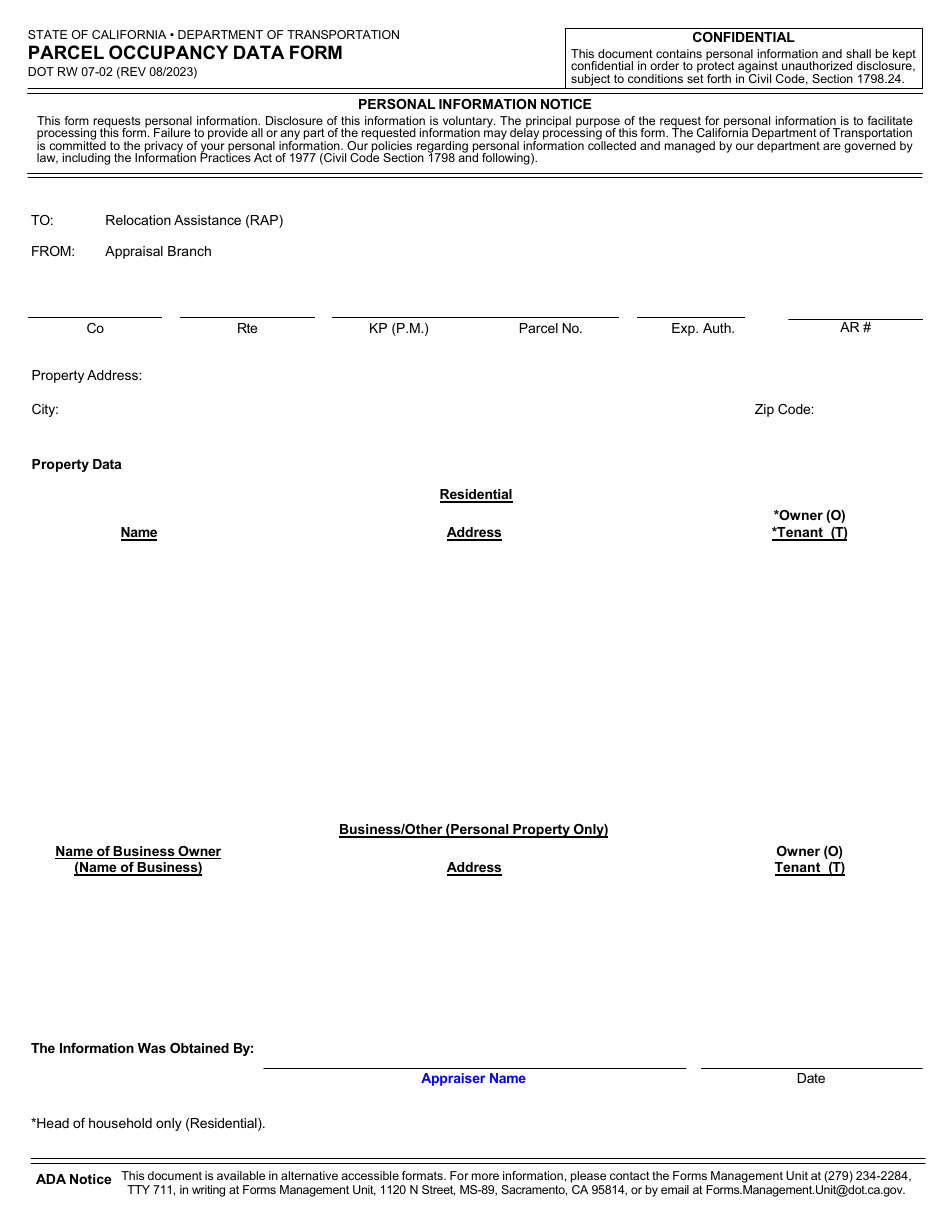 Form RW07-02 Parcel Occupancy Data Form - California, Page 1
