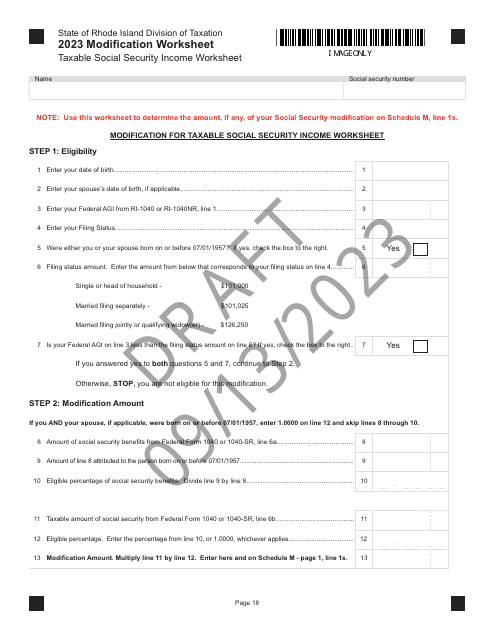 Modification Worksheet - Taxable Social Security Income Worksheet - Draft - Rhode Island Download Pdf