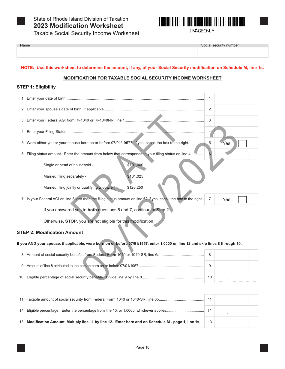 Modification Worksheet - Taxable Social Security Income Worksheet - Draft - Rhode Island, Page 1