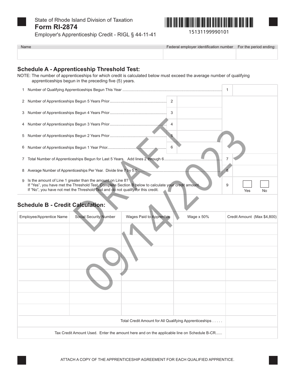 Form RI-2874 Employers Apprenticeship Credit - Rigl 44-11-41 - Draft - Rhode Island, Page 1