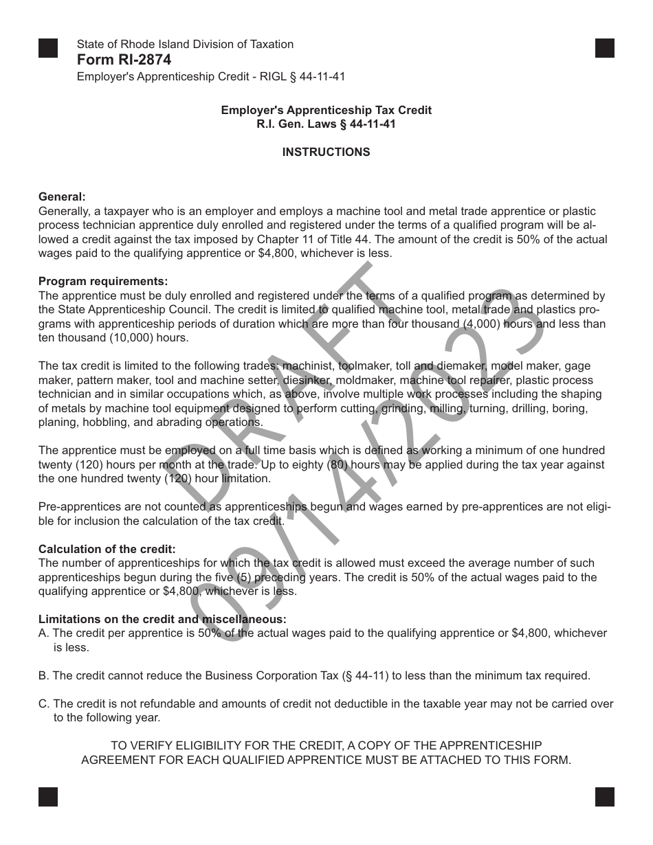 Form RI-2874 Employers Apprenticeship Credit - Rigl 44-11-41 - Draft - Rhode Island, Page 2
