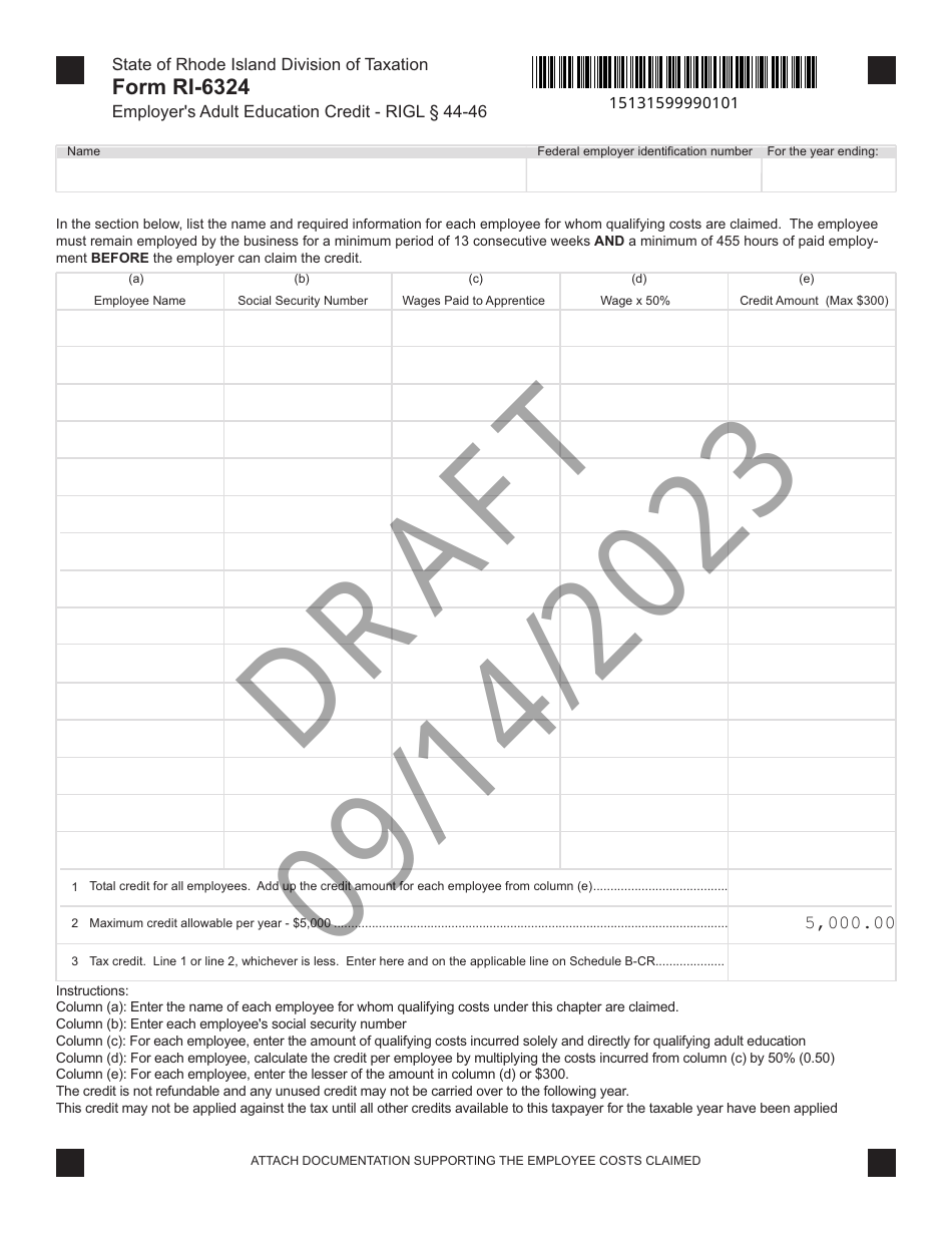 Form RI-6324 Employers Adult Education Credit - Draft - Rhode Island, Page 1