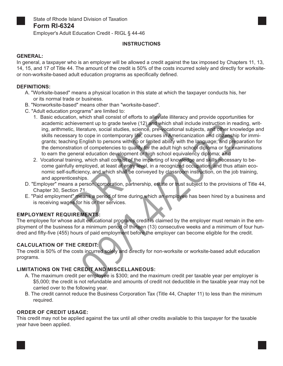 Form RI-6324 Employers Adult Education Credit - Draft - Rhode Island, Page 2