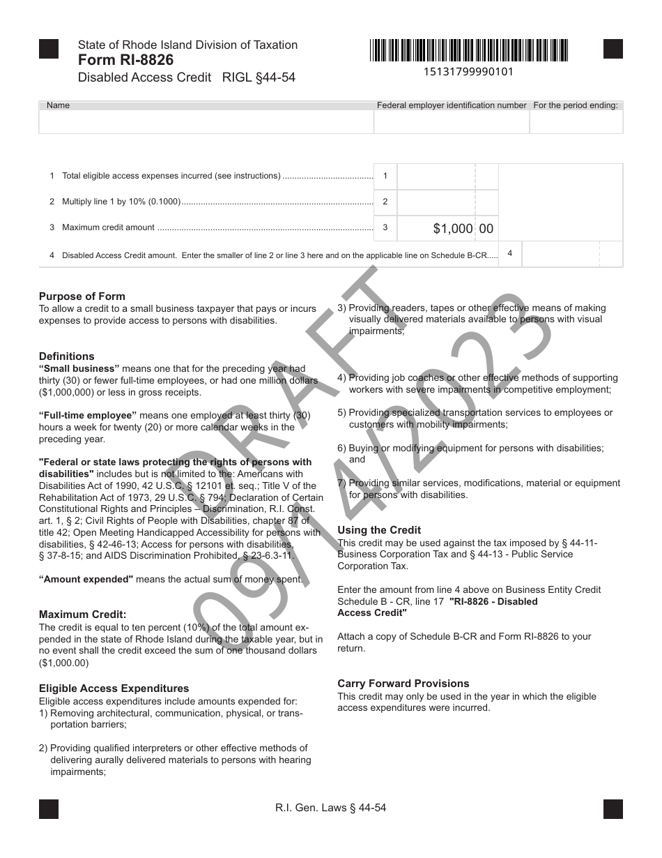 Form RI-8826 Disabled Access Credit - Draft - Rhode Island, Page 1