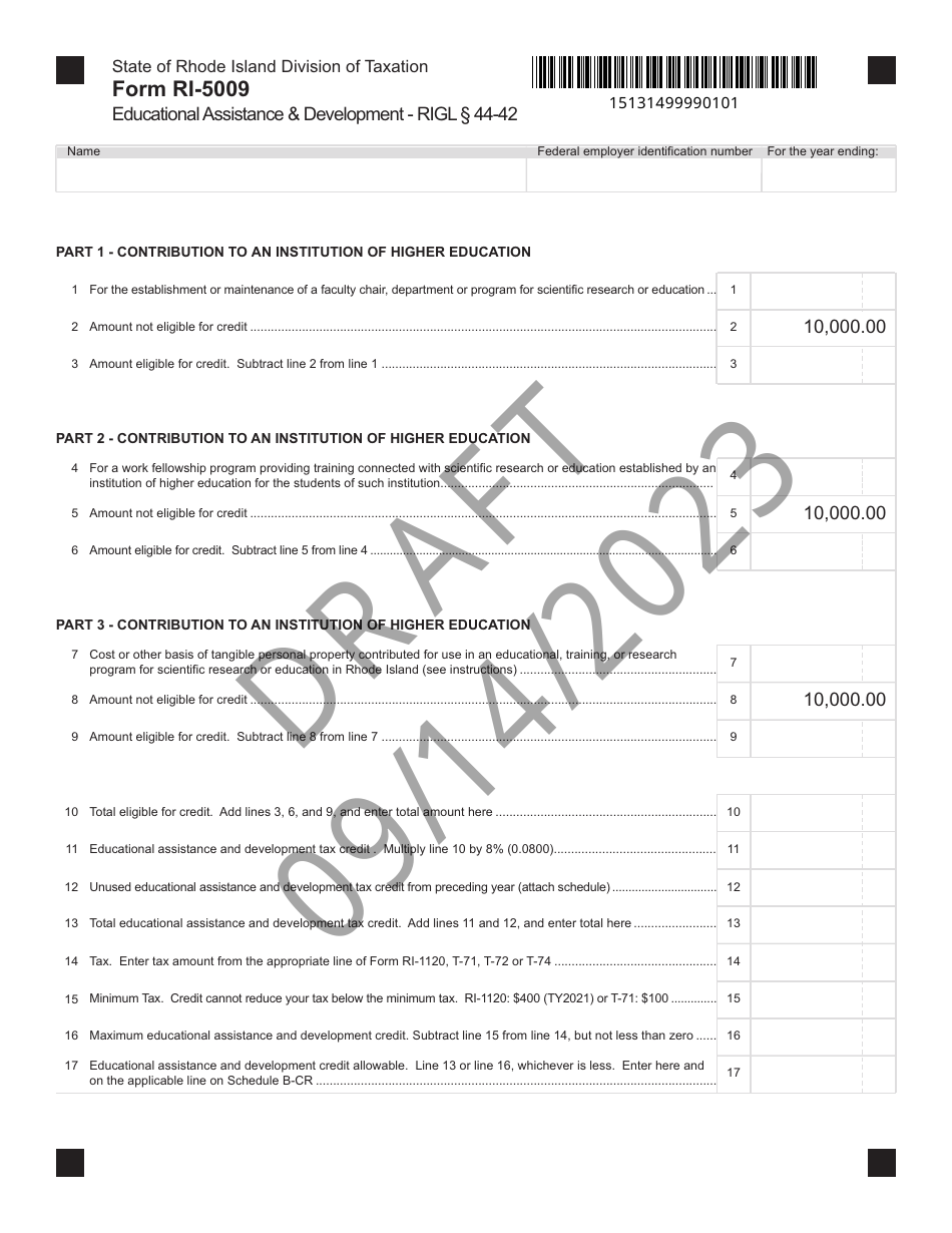 Form RI-5009 Donations Credit for Higher Education - Draft - Rhode Island, Page 1