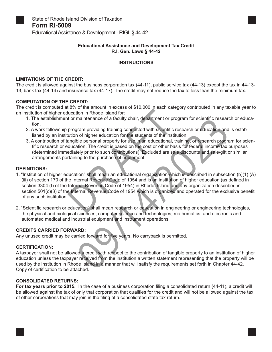Form RI-5009 Donations Credit for Higher Education - Draft - Rhode Island, Page 2