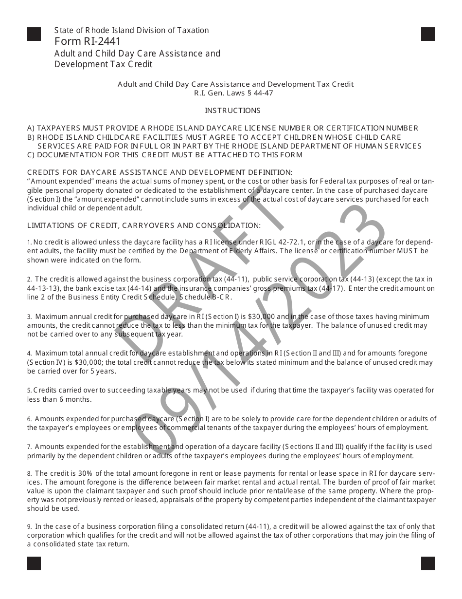 Form RI-2441 Adult and Child Day Care Assistance and Development Tax Credit - Draft - Rhode Island, Page 2