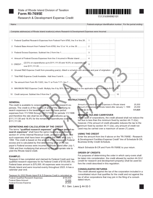 Form RI-7695E Research &(development Expense Credit - Draft - Rhode Island