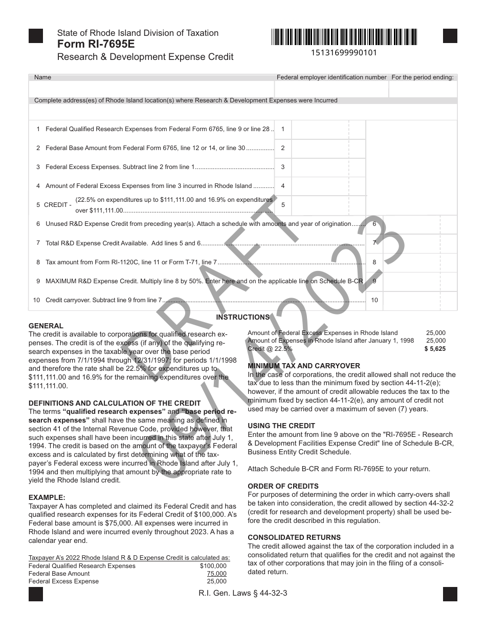 Form RI-7695E Research (development Expense Credit - Draft - Rhode Island, Page 1