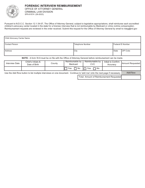 Form SFN61574 Forensic Interview Reimbursement - North Dakota