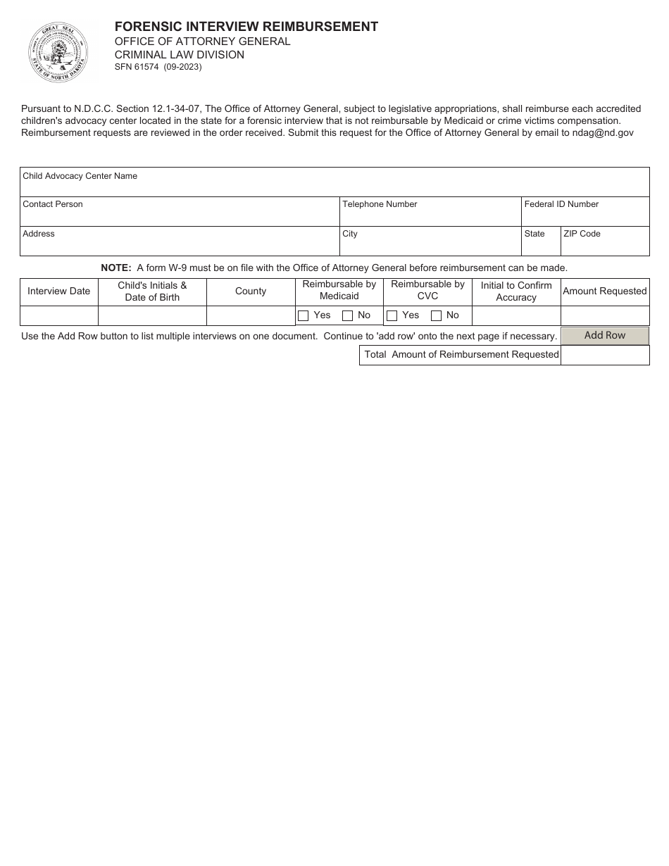 Form SFN61574 Forensic Interview Reimbursement - North Dakota, Page 1