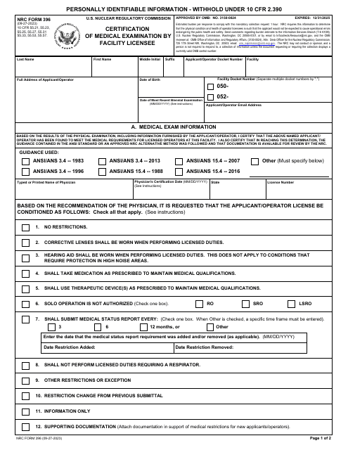 NRC Form 396  Printable Pdf