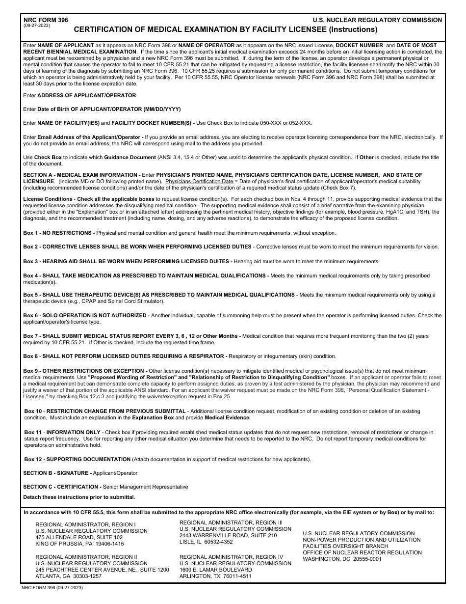 NRC Form 396 Certification of Medical Examination by Facility Licensee, Page 3