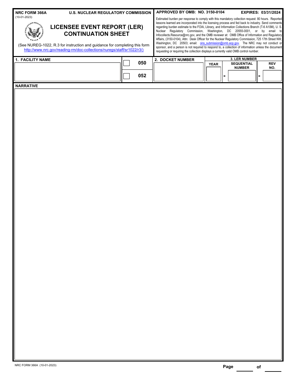 NRC Form 366A Licensee Event Report (Ler) Continuation Sheet, Page 1