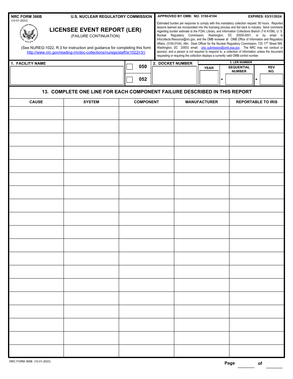 NRC Form 366B Licensee Event Report (Ler) (Failure Continuation), Page 1
