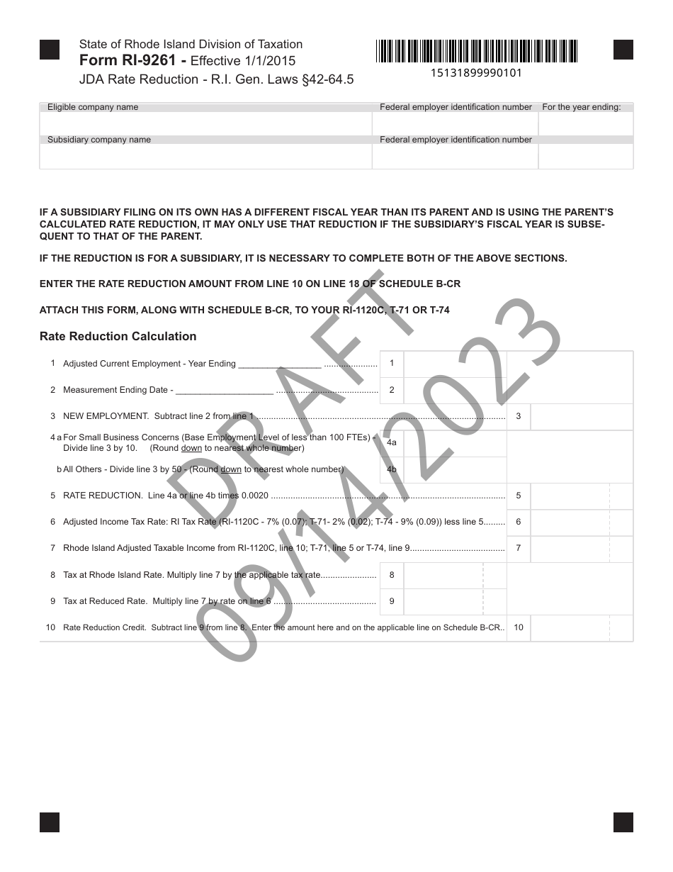 Form RI-9261 Jda(rate Reduction - Draft - Rhode Island, Page 1