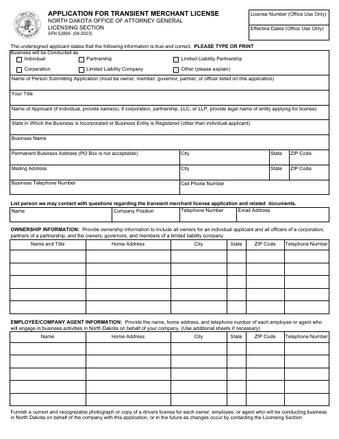 Form SFN52899 Application for Transient Merchant License - North Dakota