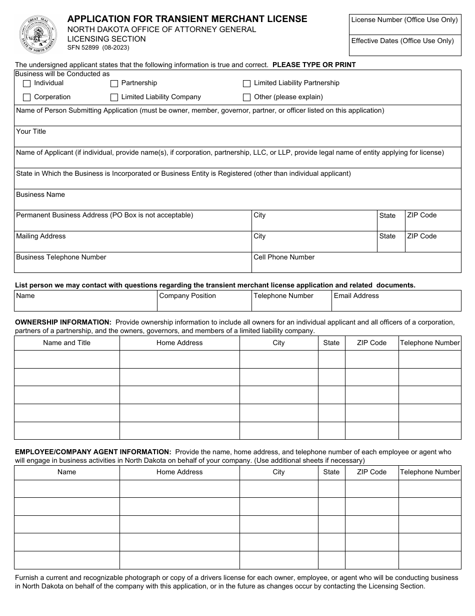Form SFN52899 Application for Transient Merchant License - North Dakota, Page 1