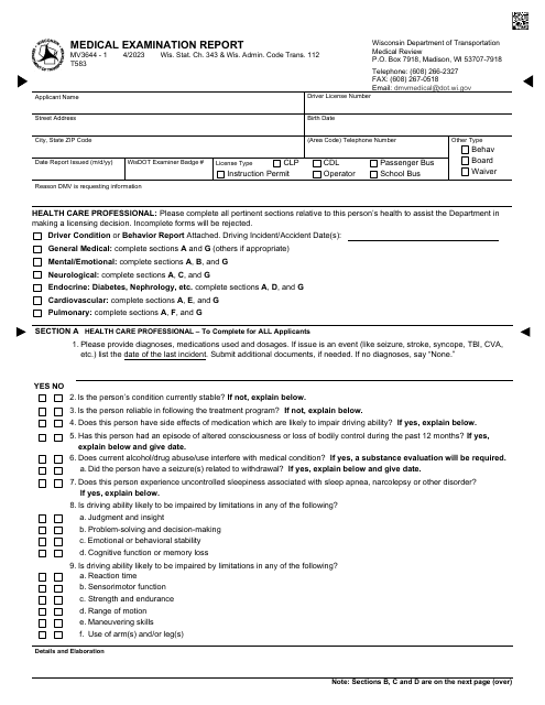 Form MV3644 Medical Examination Report - Wisconsin