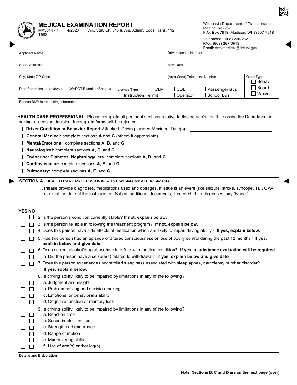 Form MV3644 Medical Examination Report - Wisconsin, Page 1