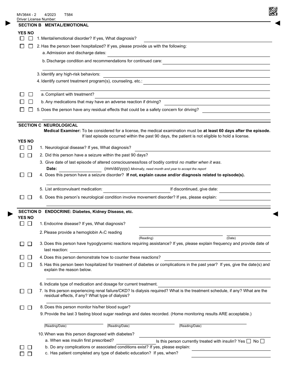 Form MV3644 Medical Examination Report - Wisconsin, Page 2