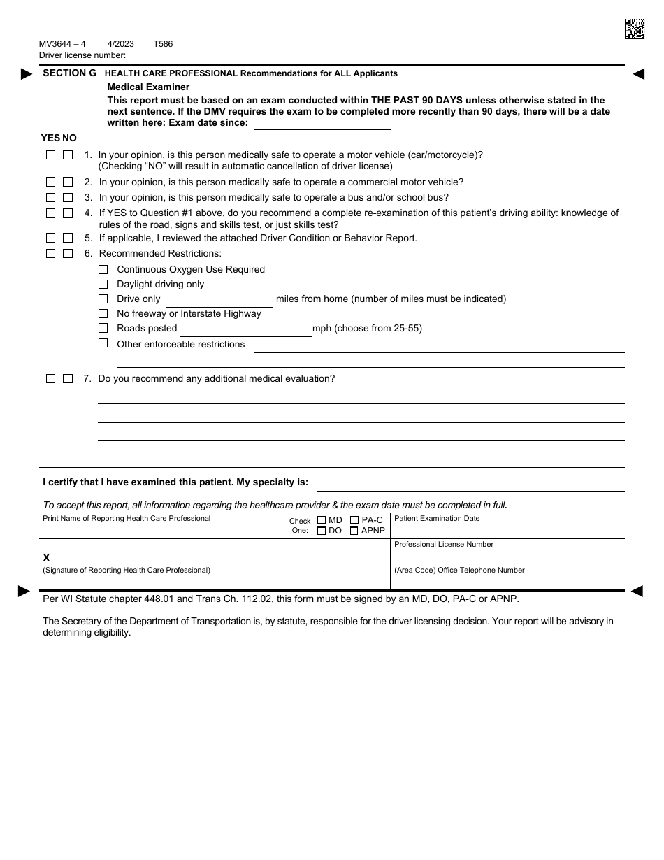 Form MV3644 Medical Examination Report - Wisconsin, Page 4