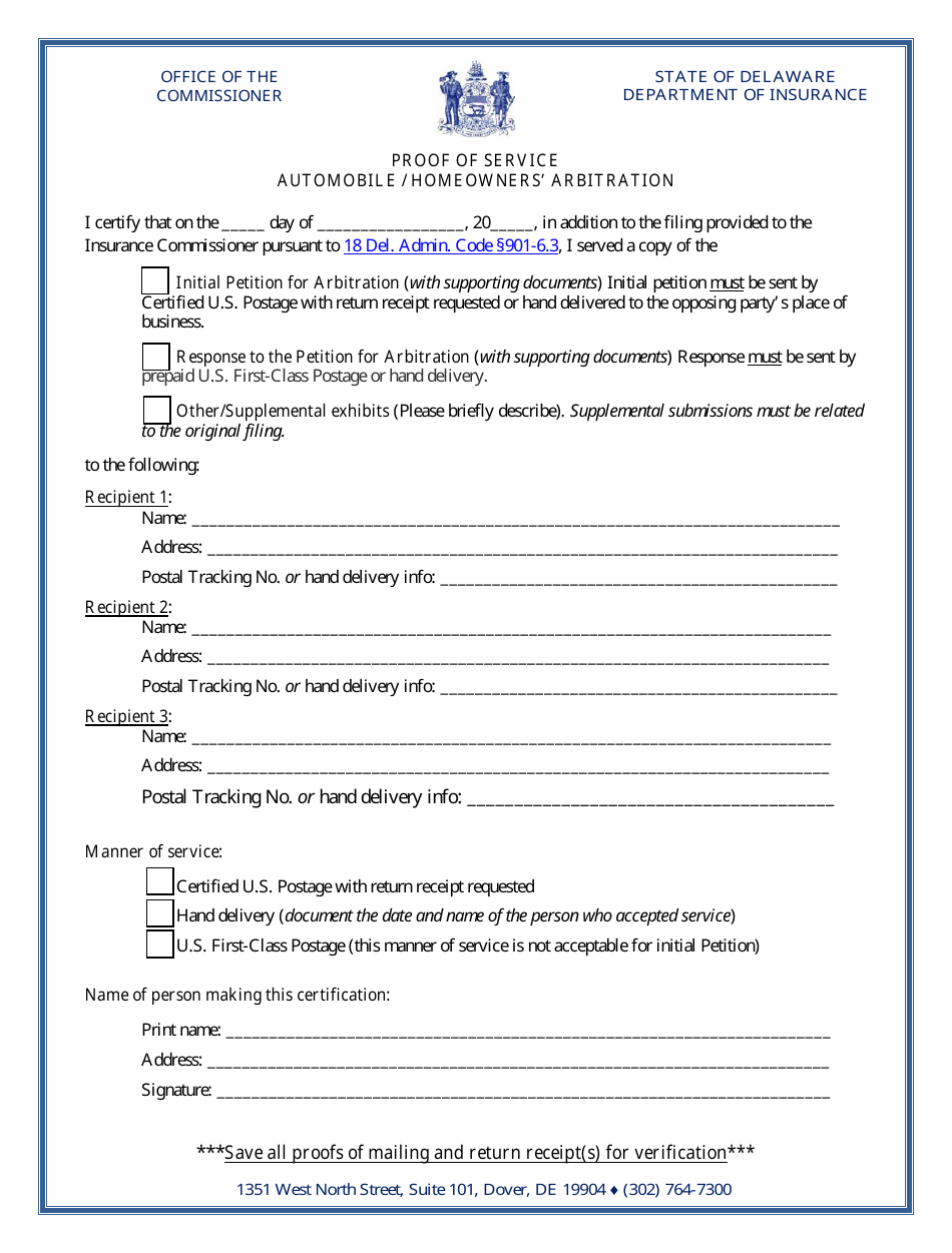 Delaware Proof of Service Automobile/Homeowners' Arbitration - Fill Out ...