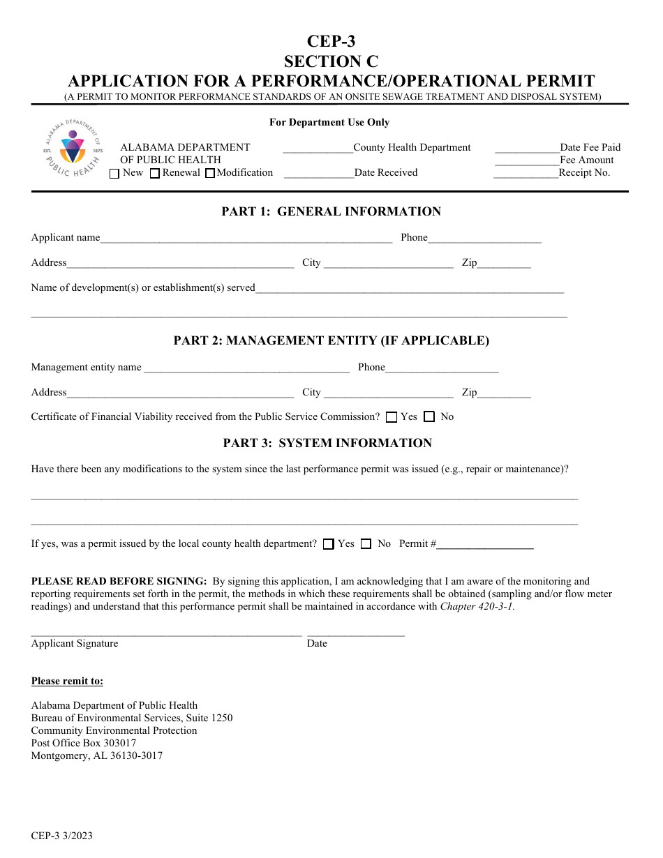 Form CEP-3 Application for a Performance / Operational Permit - Alabama, Page 1
