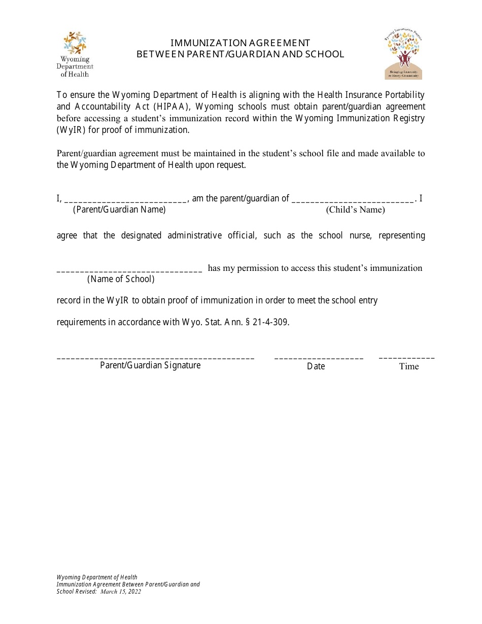 Immunization Agreement Between Parent / Guardian and School - Wyoming, Page 1