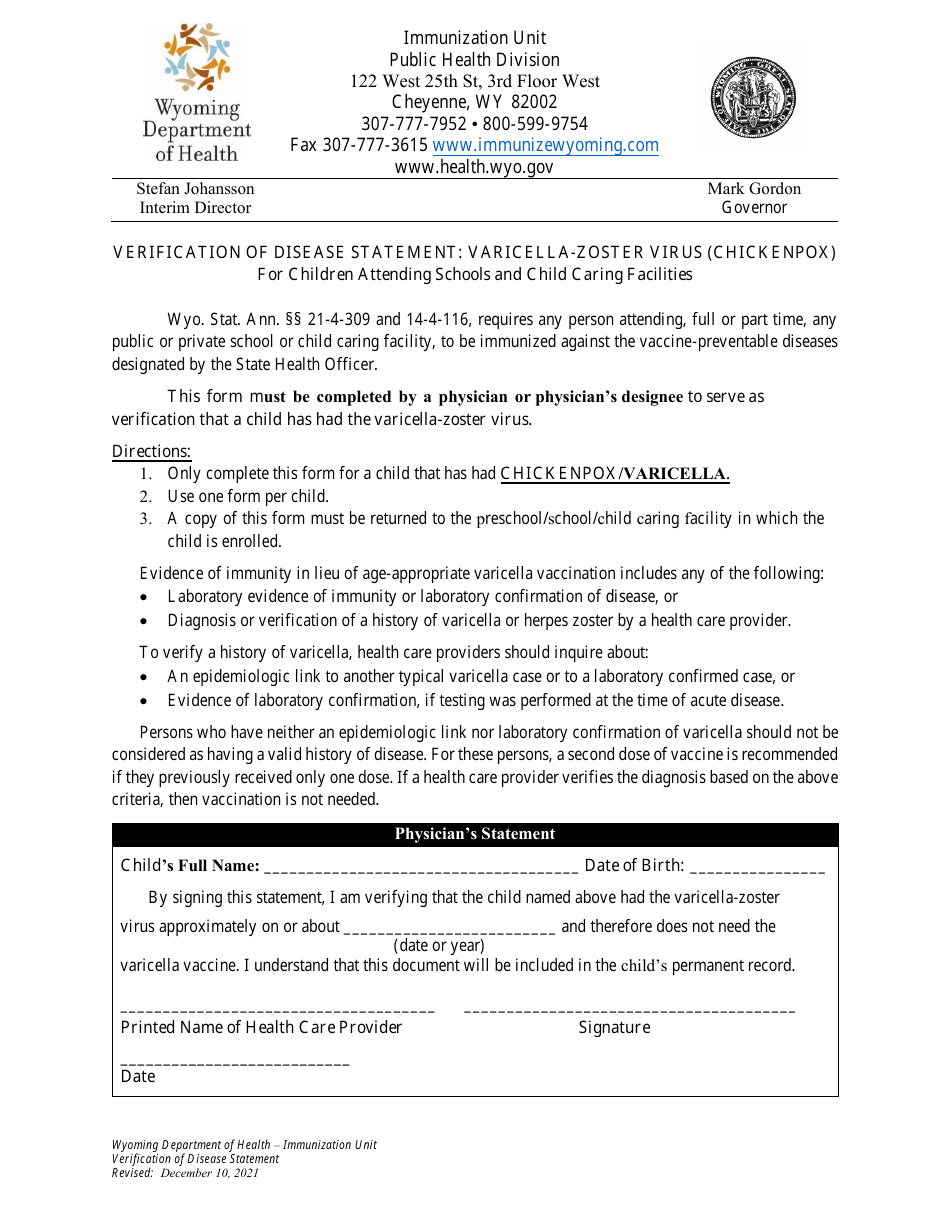 Verification of Disease Statement: Varicella-Zoster Virus (Chickenpox) for Children Attending Schools and Child Caring Facilities - Wyoming, Page 1