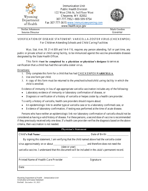 Verification of Disease Statement: Varicella-Zoster Virus (Chickenpox) for Children Attending Schools and Child Caring Facilities - Wyoming Download Pdf