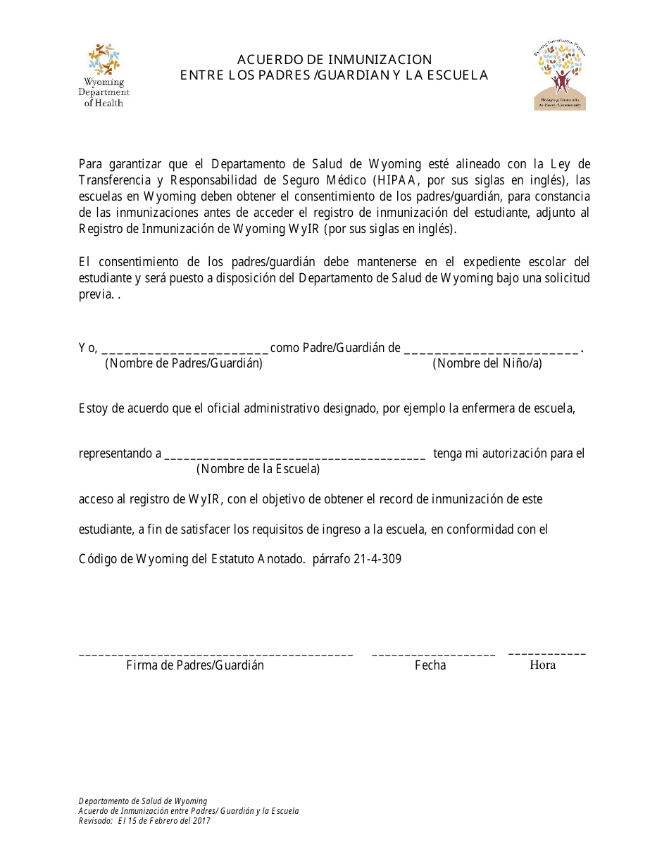 Acuerdo De Inmunizacion Entre Los Padres / Guardian Y La Escuela - Wyoming (Spanish), Page 1