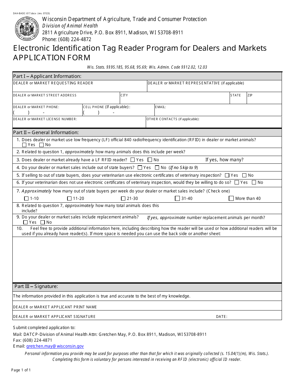 Form DAH-BADC-017 Electronic Identification Tag Reader Program for Dealers and Markets Application Form - Wisconsin, Page 1