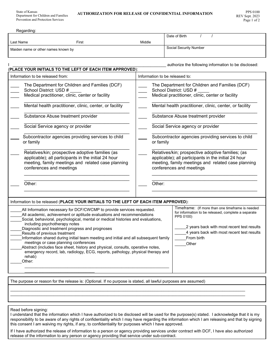 Form PPS0100 Authorization for Release of Confidential Information - Kansas, Page 1