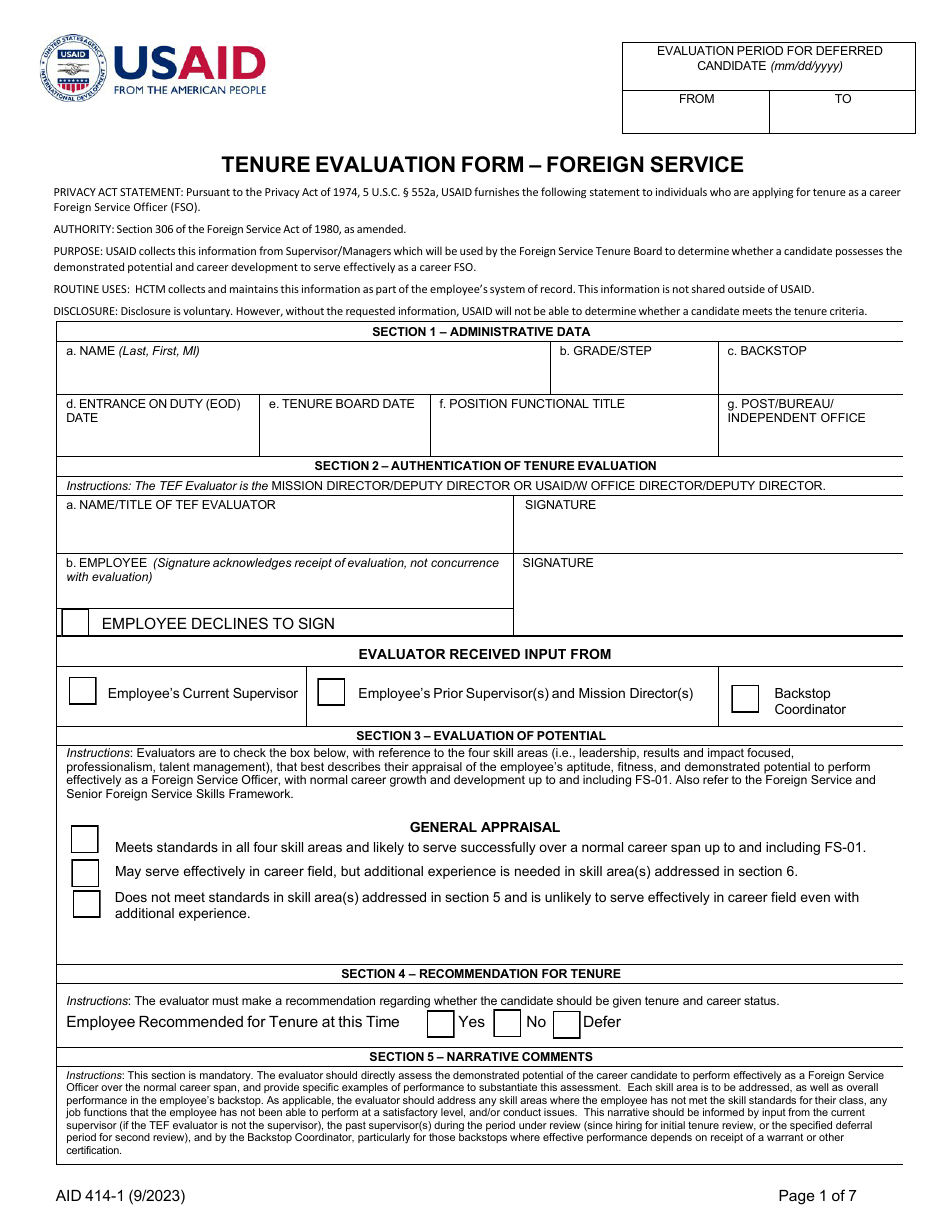 Form AID414-1 Tenure Evaluation Form - Foreign Service, Page 1