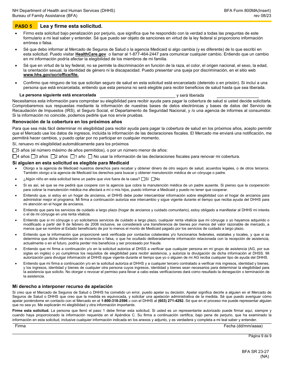 BFA Formulario 800MA Solicitud De Cobertura De Salud Y Ayuda Para Pagar Los Costos - New Hampshire (Spanish), Page 11