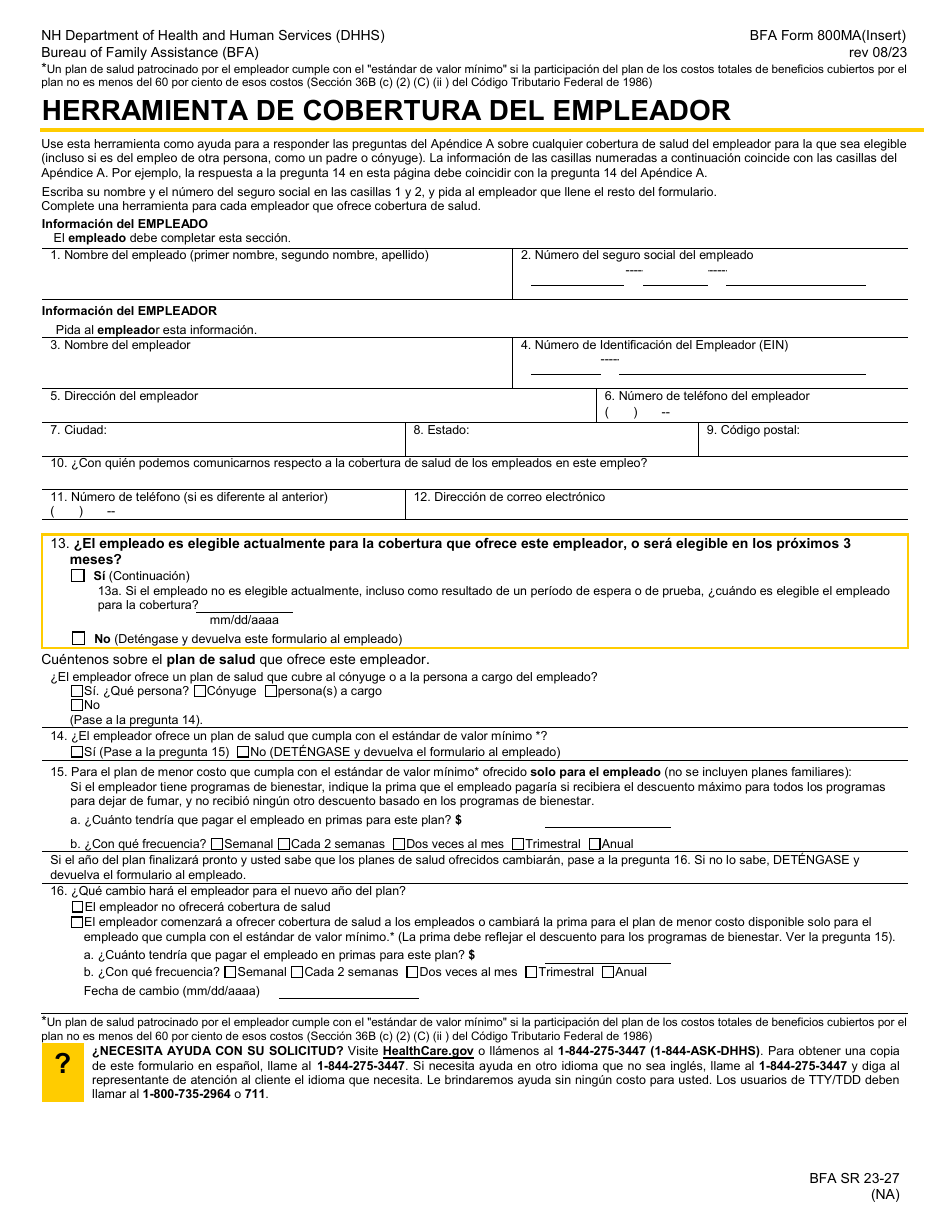 BFA Formulario 800MA Solicitud De Cobertura De Salud Y Ayuda Para Pagar Los Costos - New Hampshire (Spanish), Page 13