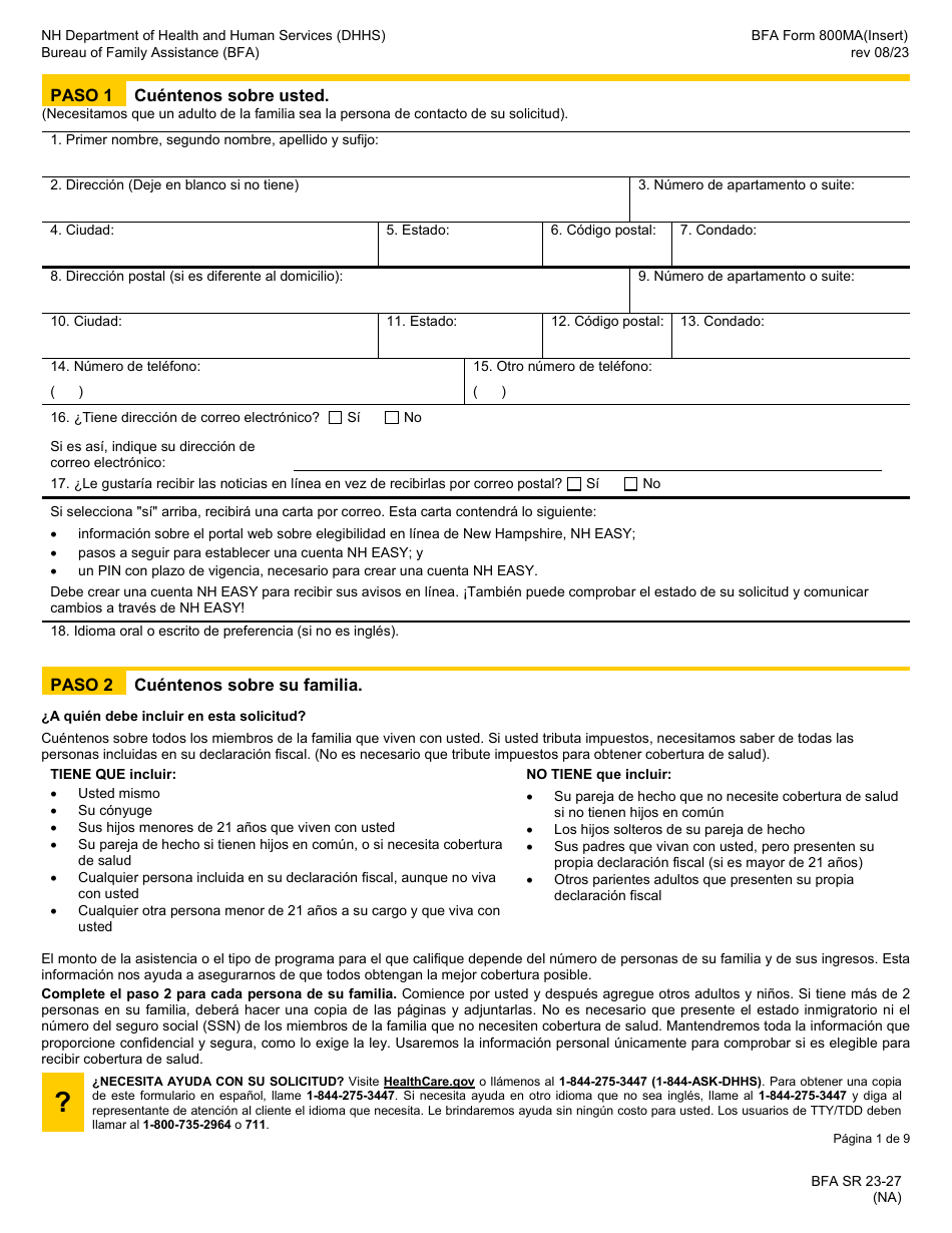 BFA Formulario 800MA Solicitud De Cobertura De Salud Y Ayuda Para Pagar Los Costos - New Hampshire (Spanish), Page 3
