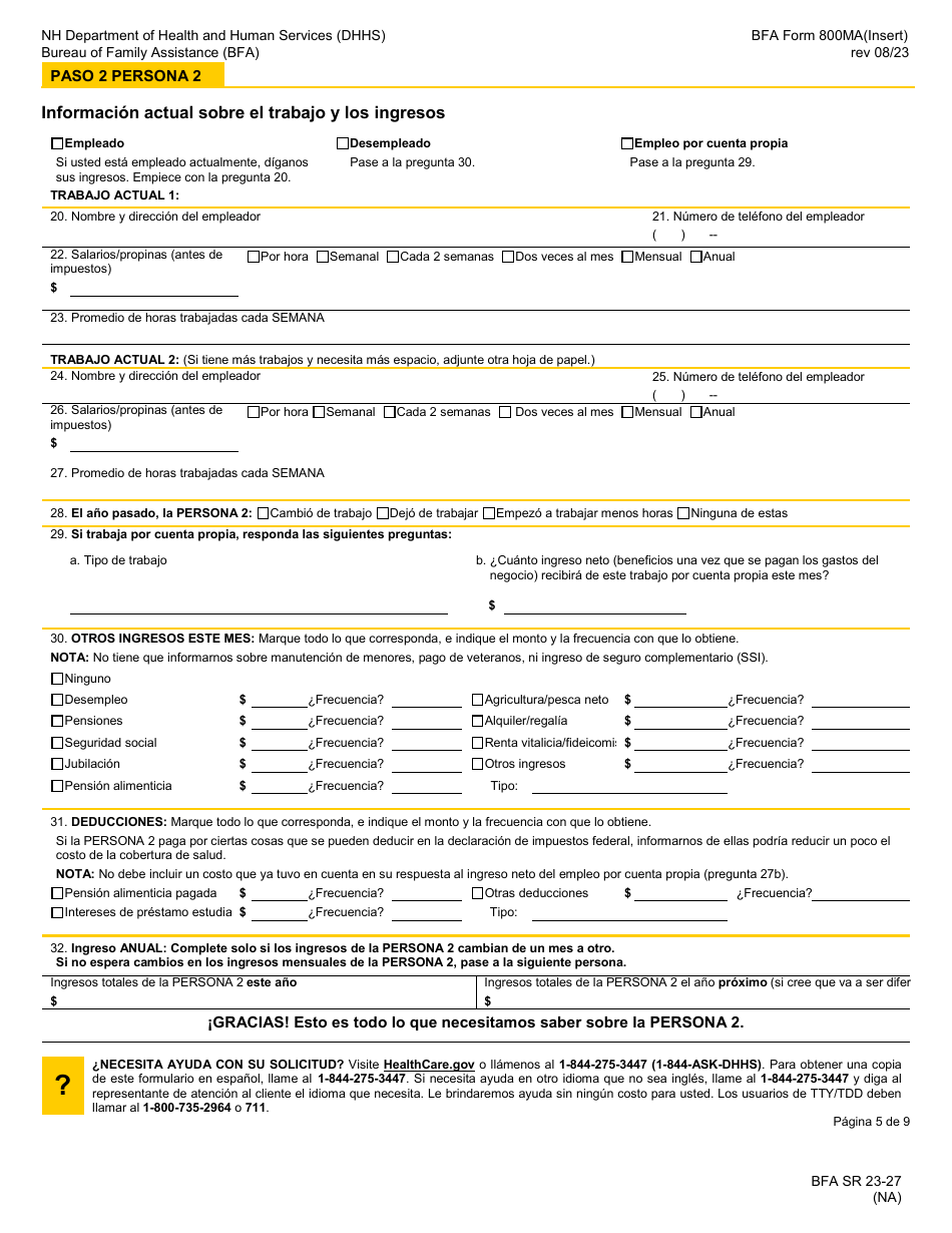 BFA Formulario 800MA Solicitud De Cobertura De Salud Y Ayuda Para Pagar Los Costos - New Hampshire (Spanish), Page 7