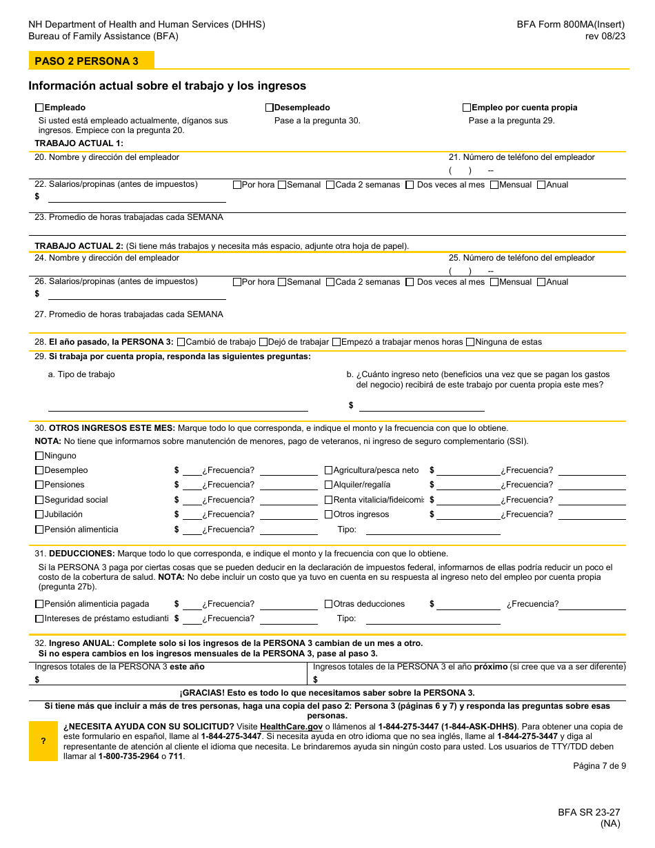 BFA Formulario 800MA Solicitud De Cobertura De Salud Y Ayuda Para Pagar Los Costos - New Hampshire (Spanish), Page 9
