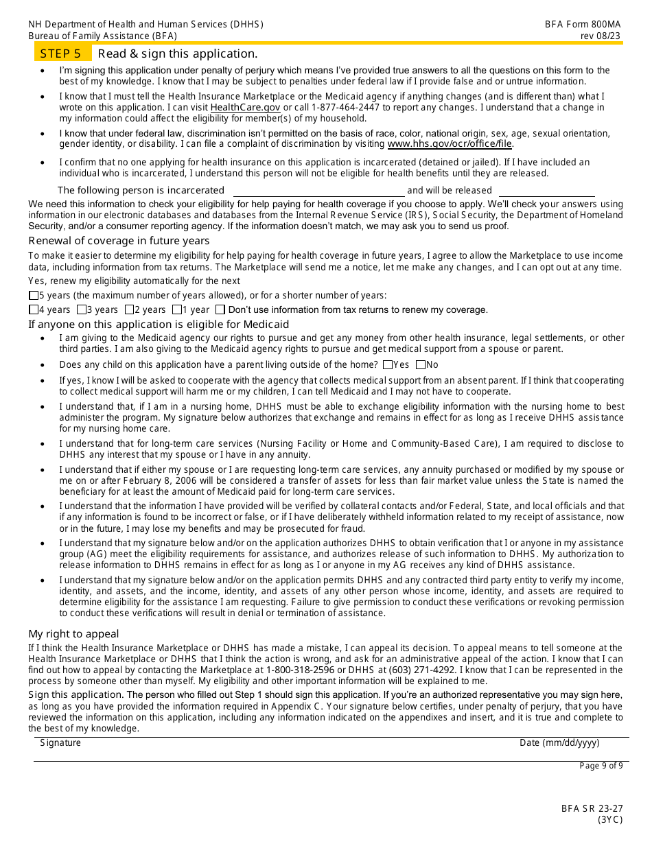 BFA Form 800MA Application for Health Coverage  Help Paying Costs - New Hampshire, Page 11