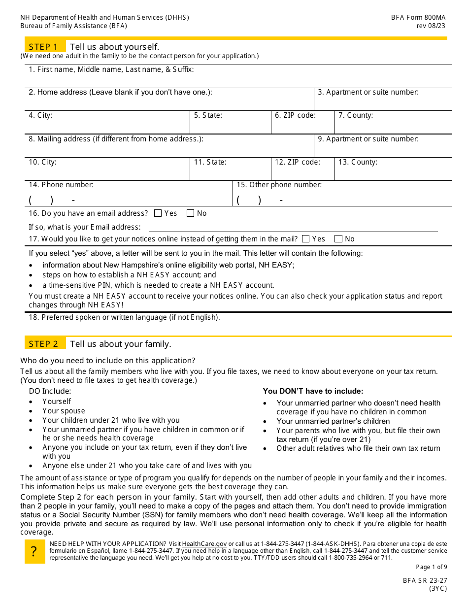 BFA Form 800MA Application for Health Coverage  Help Paying Costs - New Hampshire, Page 3