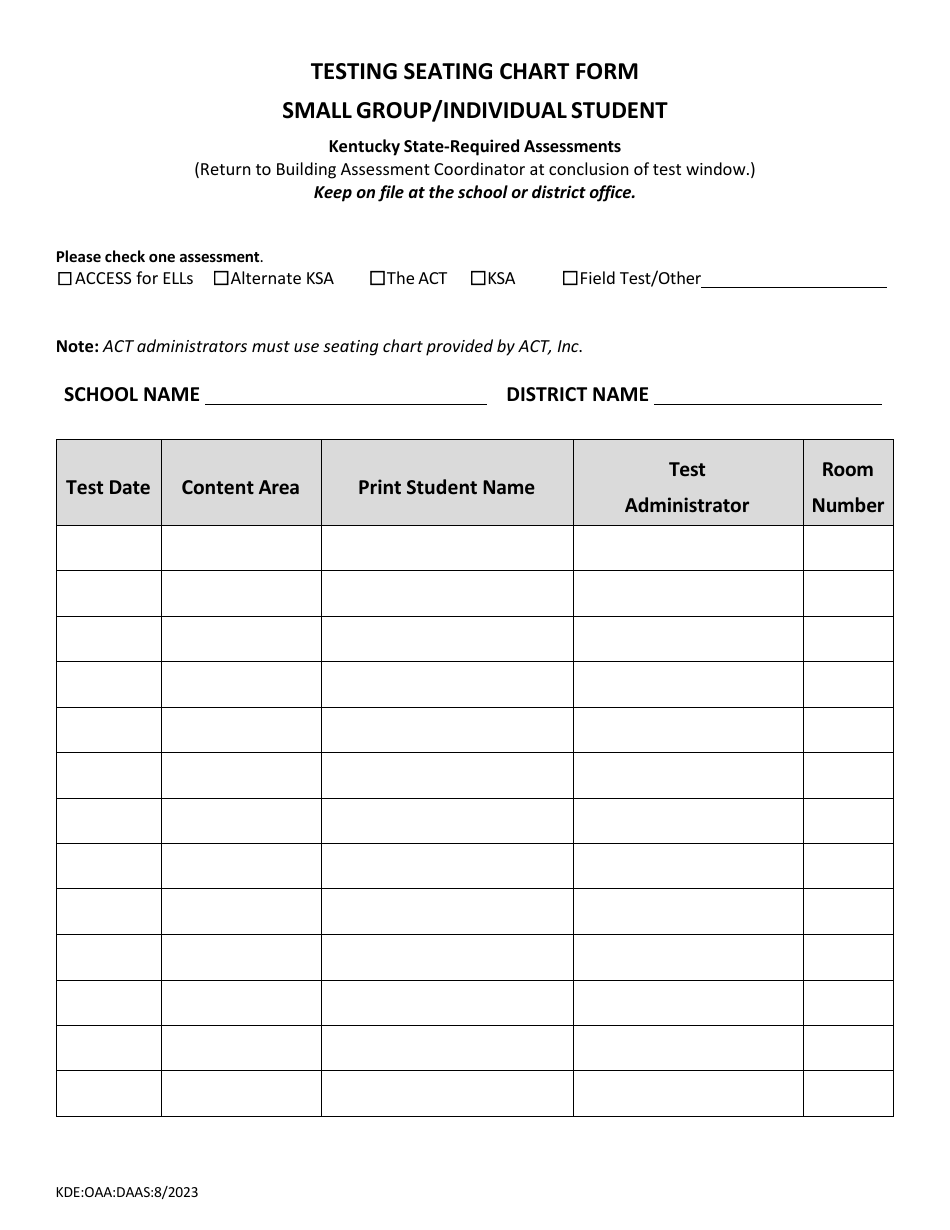 Testing Seating Chart Form - Small Group / Individual Student - Kentucky, Page 1